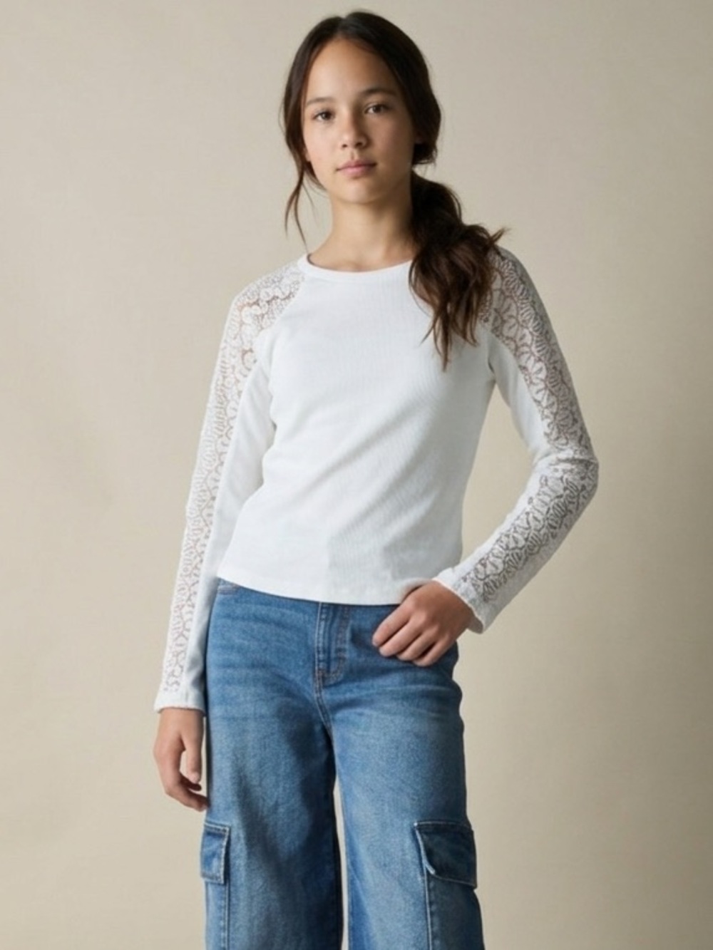 NWT Truce Girls Lace Sleeve Ribbed Top
White L 14
